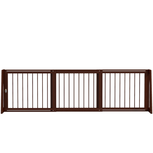 PawHut Freestanding Pet Gate, Wooden Dog Gate with 28"-75" Retractable Length, Support Feet, Non-Slip Mats, 3 Panel Pet Gate for Indoor, Stairway, Doorway, Brown