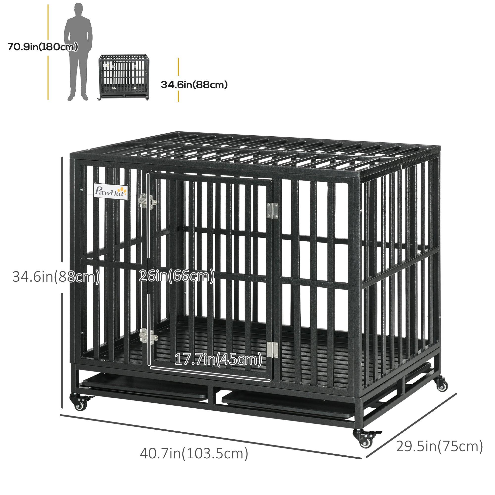 Heavy Duty Steel Dog Crate Kennel Pet Cage with Wheels for Portability and a Door for Convenient Access Anti-Pinching Floor, 40.7"L x 29.5"W x 34.6"H, Black