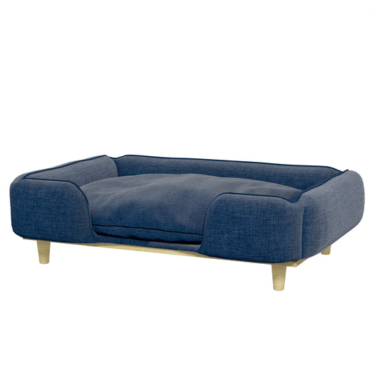 PawHut Dog Sofa, Raised Dog Couch with Comfortable Cushion, Pine Wood Legs, Foot Pads, Pet Sofa for Large-Sized Dogs Indoor Use, Dark Blue