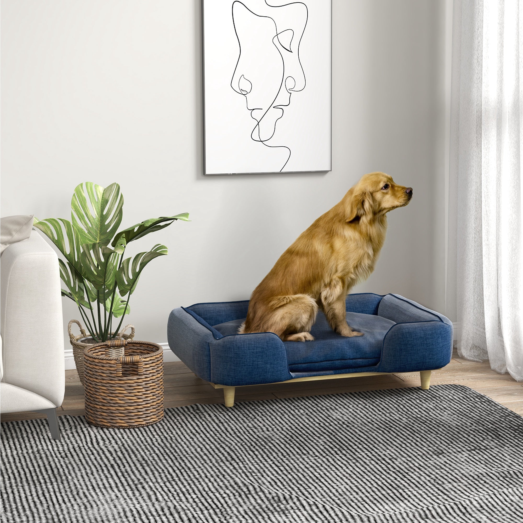 PawHut Dog Sofa, Raised Dog Couch with Comfortable Cushion, Pine Wood Legs, Foot Pads, Pet Sofa for Large-Sized Dogs Indoor Use, Dark Blue