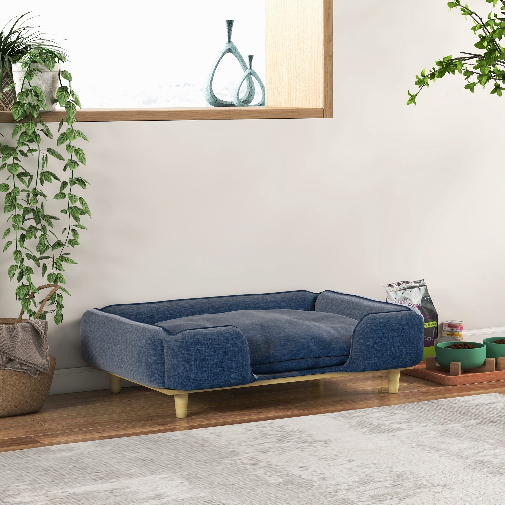 PawHut Dog Sofa, Raised Dog Couch with Comfortable Cushion, Pine Wood Legs, Foot Pads, Pet Sofa for Large-Sized Dogs Indoor Use, Dark Blue