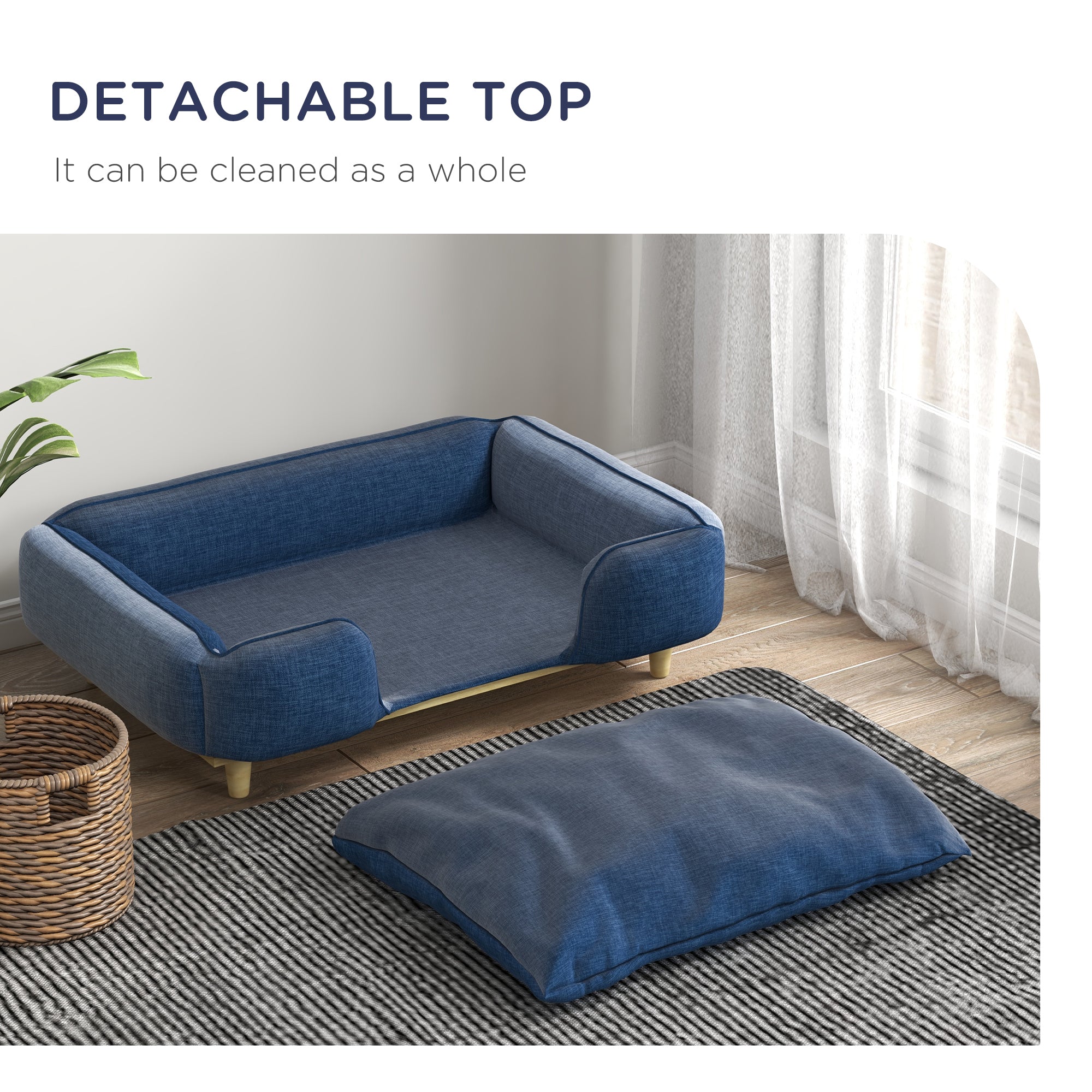 PawHut Dog Sofa, Raised Dog Couch with Comfortable Cushion, Pine Wood Legs, Foot Pads, Pet Sofa for Large-Sized Dogs Indoor Use, Dark Blue