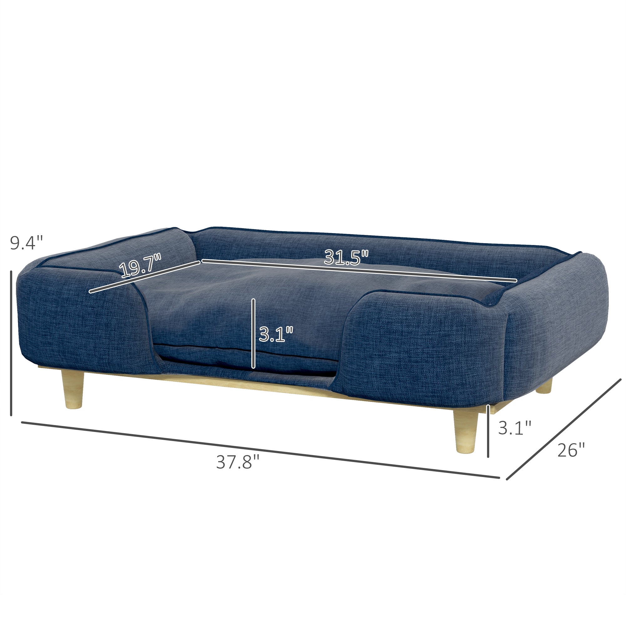 PawHut Dog Sofa, Raised Dog Couch with Comfortable Cushion, Pine Wood Legs, Foot Pads, Pet Sofa for Large-Sized Dogs Indoor Use, Dark Blue