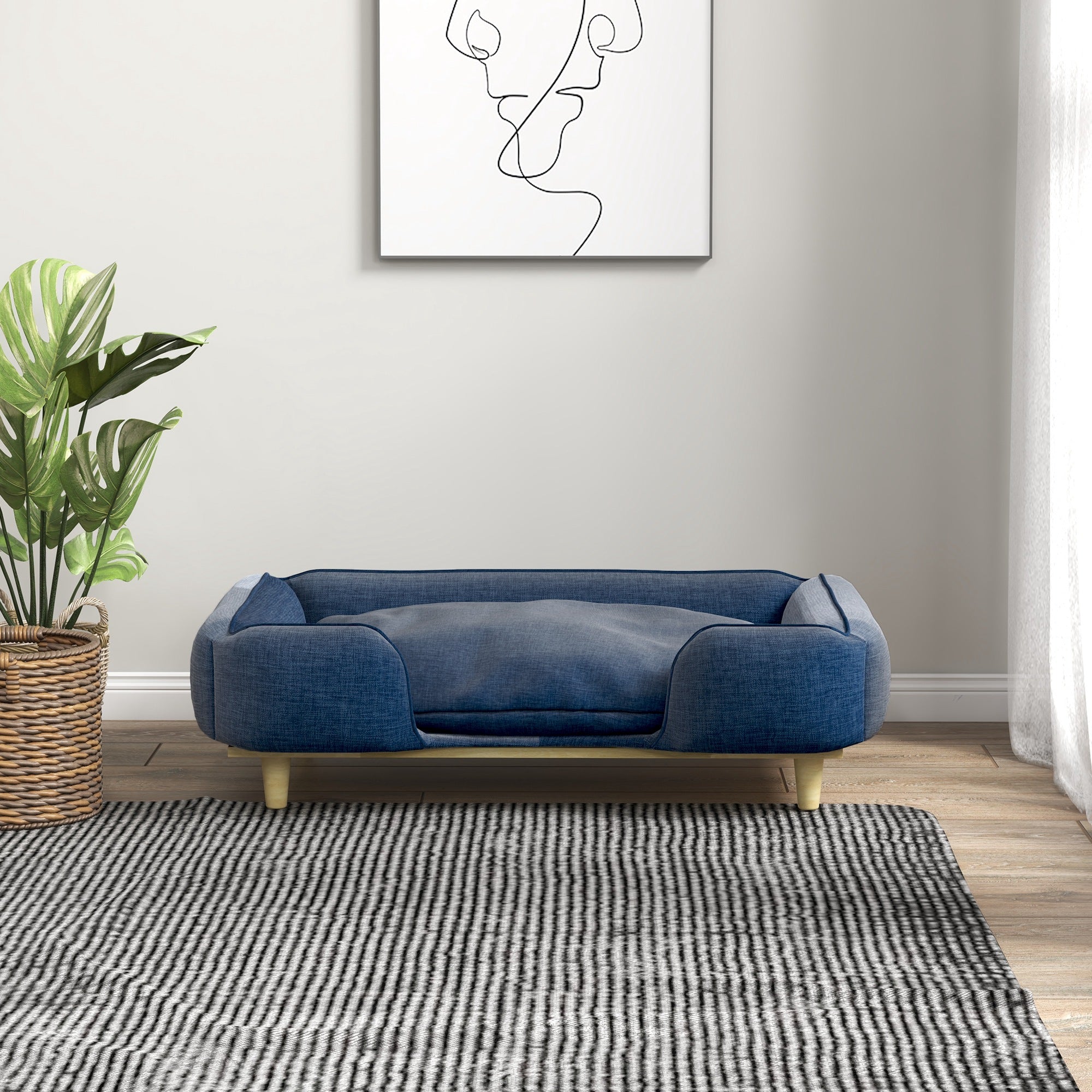 PawHut Dog Sofa, Raised Dog Couch with Comfortable Cushion, Pine Wood Legs, Foot Pads, Pet Sofa for Large-Sized Dogs Indoor Use, Dark Blue