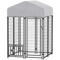 Load image into Gallery viewer, PawHut 3.9' x 3.9' x 6' Outdoor Dog Kennel, Welded Wire Heavy Duty Dog Run with 360° Rotating & 4 Level Adjustable Bowls, Dog Kennel Outside with Waterproof & UV Resistant Cover, for S&M Dogs