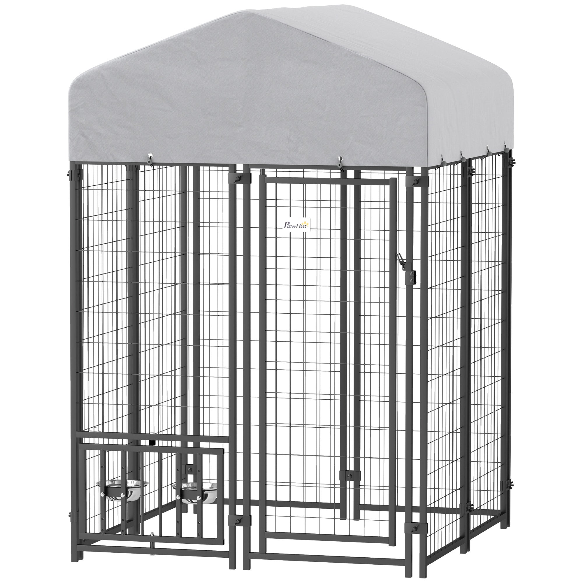 PawHut 3.9' x 3.9' x 6' Outdoor Dog Kennel, Welded Wire Heavy Duty Dog Run with 360° Rotating & 4 Level Adjustable Bowls, Dog Kennel Outside with Waterproof & UV Resistant Cover, for S&M Dogs