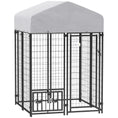 Load image into Gallery viewer, PawHut 3.9' x 3.9' x 6' Outdoor Dog Kennel, Welded Wire Heavy Duty Dog Run with 360° Rotating & 4 Level Adjustable Bowls, Dog Kennel Outside with Waterproof & UV Resistant Cover, for S&M Dogs