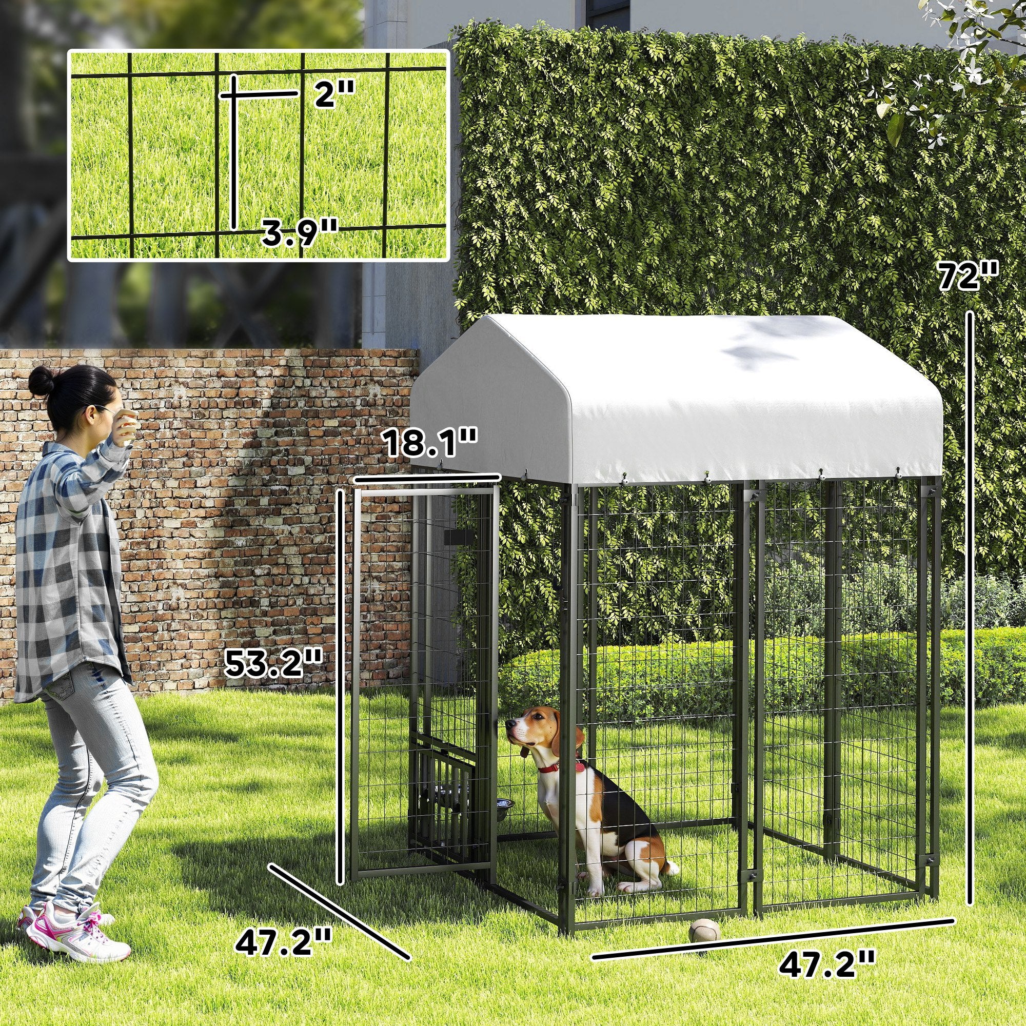 PawHut 3.9' x 3.9' x 6' Outdoor Dog Kennel, Welded Wire Heavy Duty Dog Run with 360° Rotating & 4 Level Adjustable Bowls, Dog Kennel Outside with Waterproof & UV Resistant Cover, for S&M Dogs