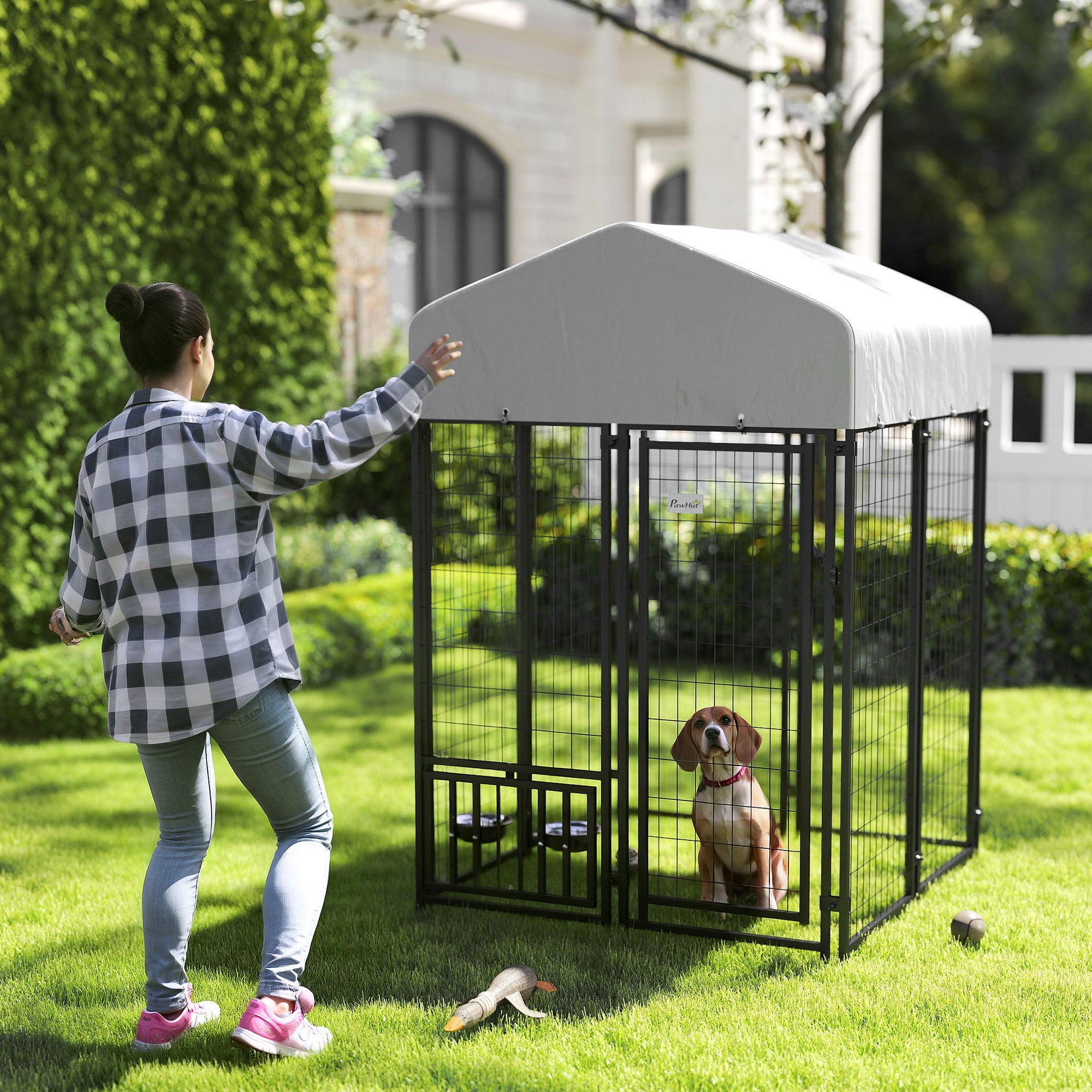 PawHut 3.9' x 3.9' x 6' Outdoor Dog Kennel, Welded Wire Heavy Duty Dog Run with 360° Rotating & 4 Level Adjustable Bowls, Dog Kennel Outside with Waterproof & UV Resistant Cover, for S&M Dogs