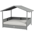 Load image into Gallery viewer, PawHut Wicker Dog House Outdoor with Canopy, Rattan Dog Bed with Water-resistant Cushion, Raised Dog Bed for Small, Medium Dogs up to 66 lbs, 19.75" in Length, Silver Wicker, White Cushion