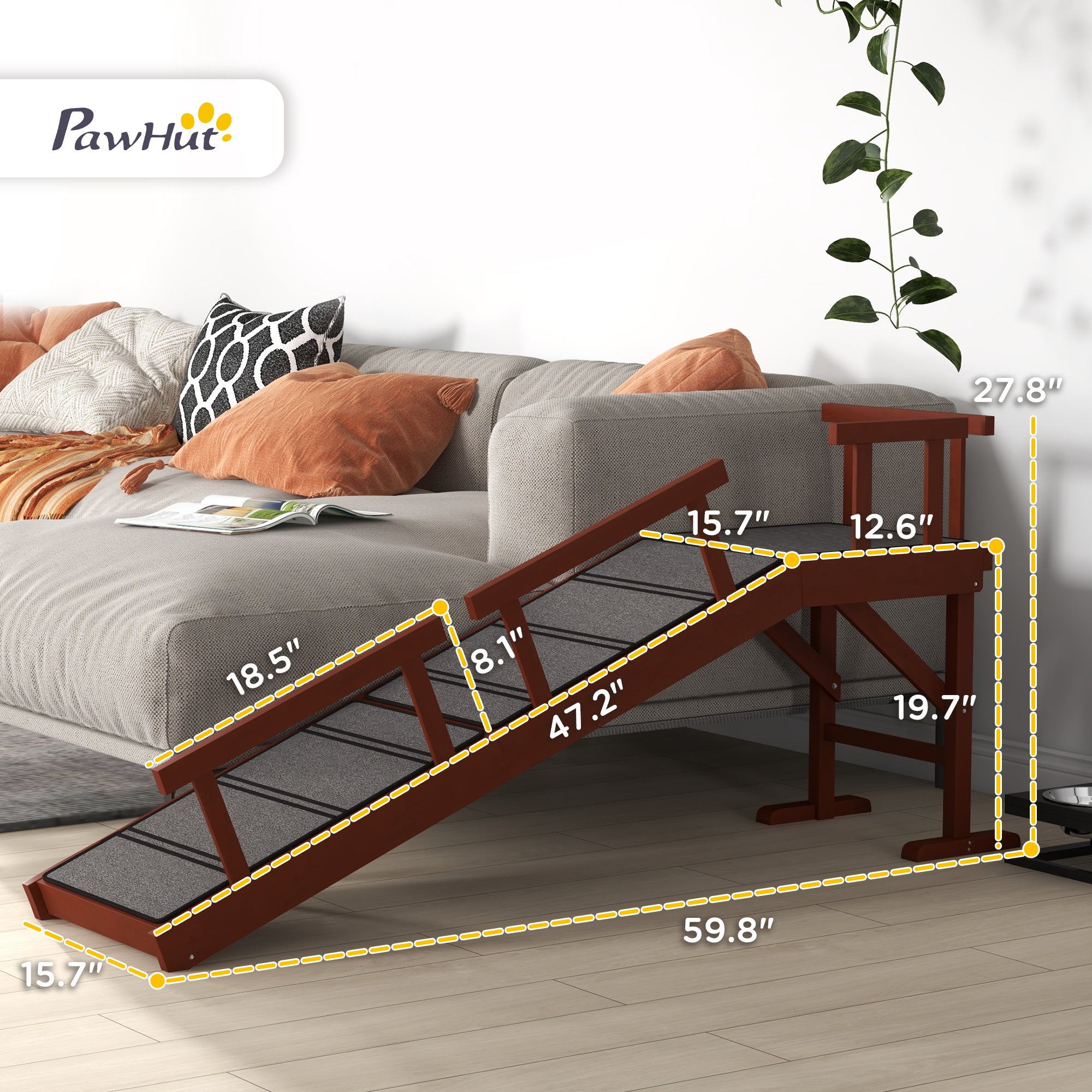 PawHut Dog Ramp, Dog Stairs for Small, Medium & Large Dogs, Pet Ramp for Bed or Couch with Removable Guardrails, Non-Slip Surface, 60" Long, Brown