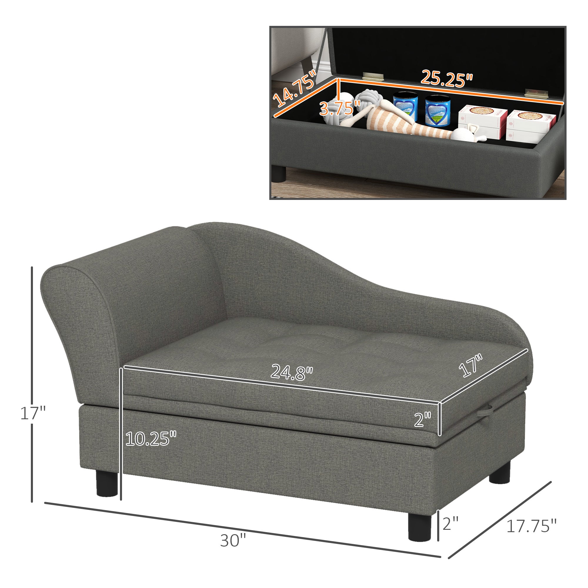 PawHut Pet Sofa, Dog Couch, Elevated Pet Bed for Small Dogs, with Hidden Storage, Soft Tufted Cushion, Gray