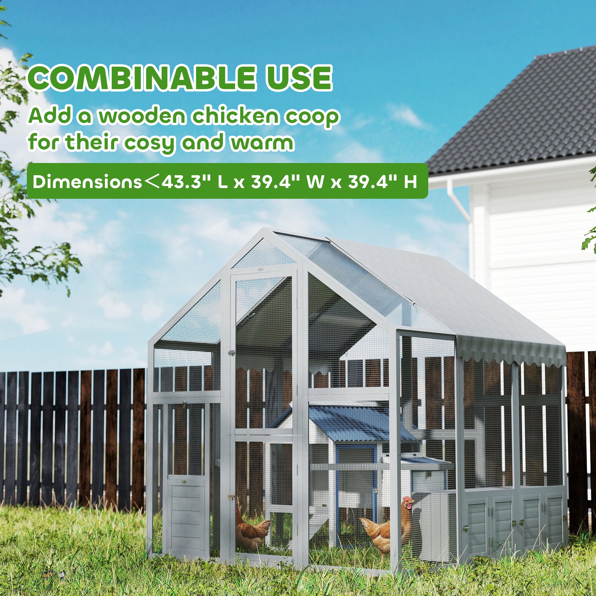 PawHut Large Chicken Run, Wooden Chicken Coop with Waterproof & Anti-UV Cover, Split Door, 2 Nesting Boxes, 2 Roosting Bars, Walk-in Chicken Pen for 6-8 Chickens, for Backyard, Farm, 5.5' x 6' x 6'