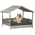 Load image into Gallery viewer, PawHut Wicker Dog House Outdoor with Canopy, Rattan Dog Bed with Water-resistant Cushion, Raised Dog Bed for Small, Medium Dogs up to 66 lbs, 19.75" in Length, Gradient Gray Wicker & Cushion