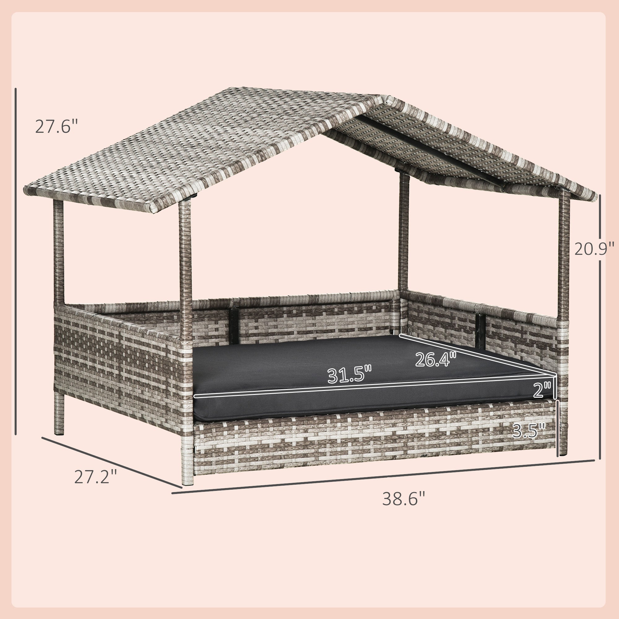 PawHut Wicker Dog House Outdoor with Canopy, Rattan Dog Bed with Water-resistant Cushion, Raised Dog Bed for Small, Medium Dogs up to 66 lbs, 19.75" in Length, Gradient Gray Wicker & Cushion