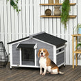 Load image into Gallery viewer, Wooden Dog Kennel Outdoor, Elevated Dog House for Outside, with Openable Top, Asphalt Roof, Windows, Curtain, Removable Tray, Adjustable Legs, 72H x 109L x 79Wcm, Grey