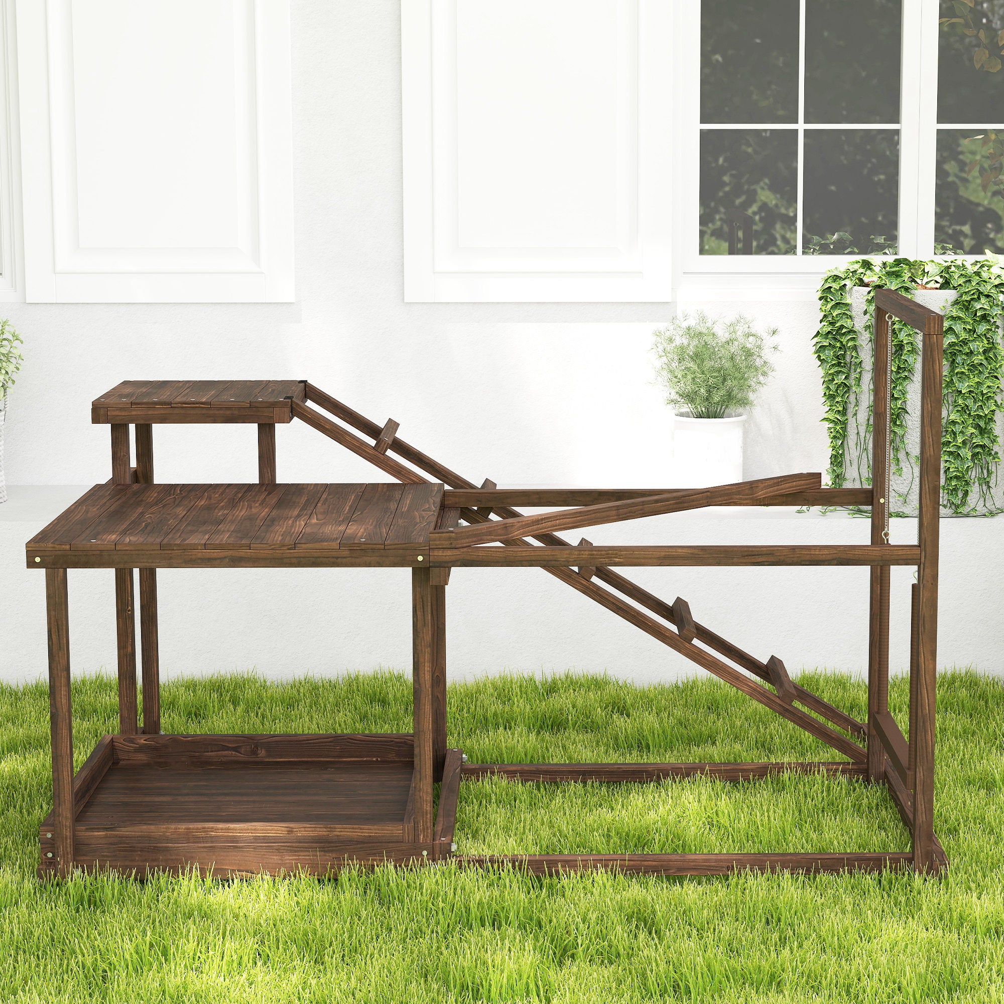 PawHut Wooden Chicken Activity Play Set, Chicken Coop Accessory with Perch, Swing, Ladder, Platforms, Feeder Storage for 4-6 Chickens, Coffee