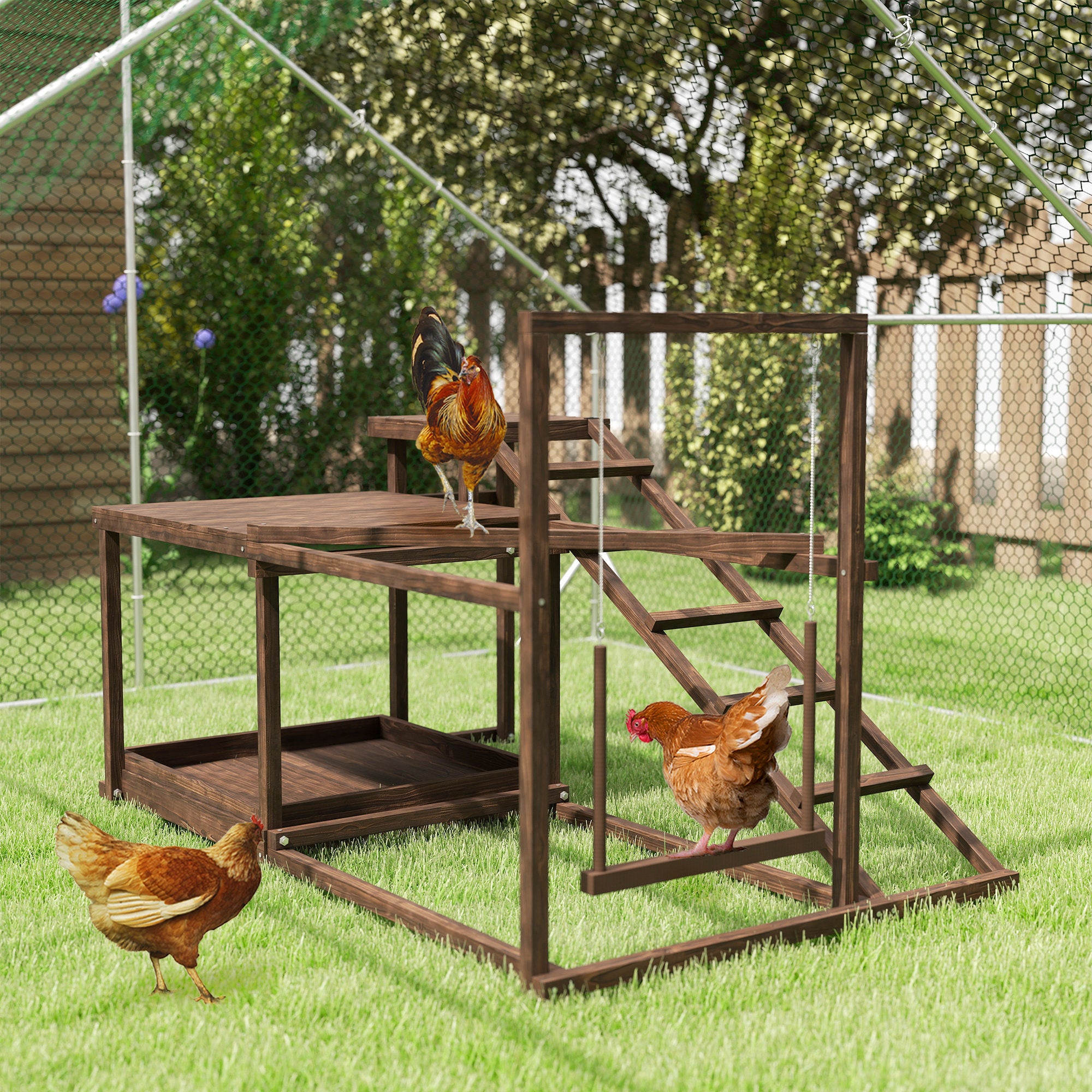 PawHut Wooden Chicken Activity Play Set, Chicken Coop Accessory with Perch, Swing, Ladder, Platforms, Feeder Storage for 4-6 Chickens, Coffee