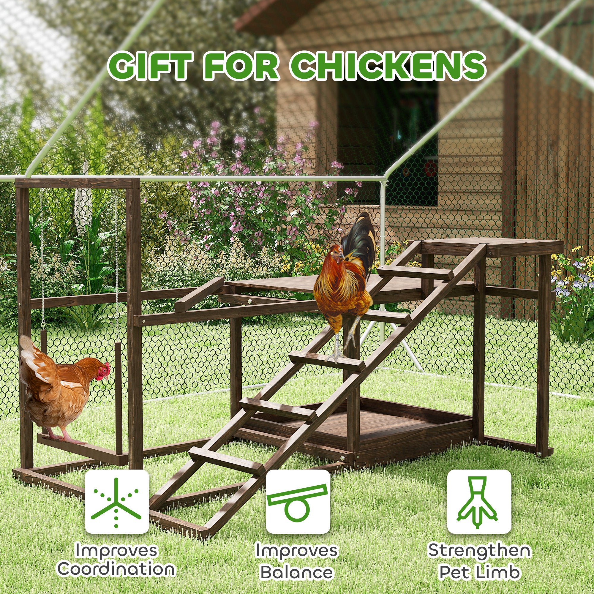 PawHut Wooden Chicken Activity Play Set, Chicken Coop Accessory with Perch, Swing, Ladder, Platforms, Feeder Storage for 4-6 Chickens, Coffee