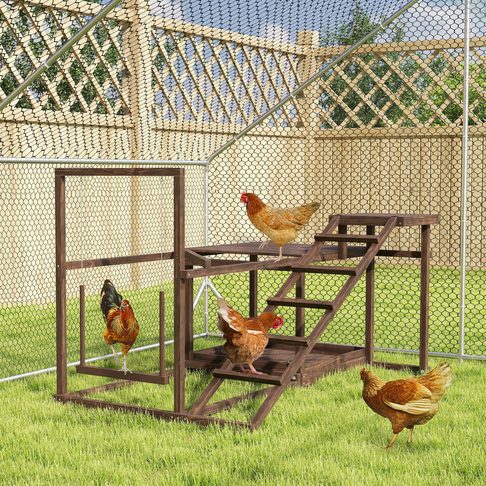 PawHut Wooden Chicken Activity Play Set, Chicken Coop Accessory with Perch, Swing, Ladder, Platforms, Feeder Storage for 4-6 Chickens, Coffee