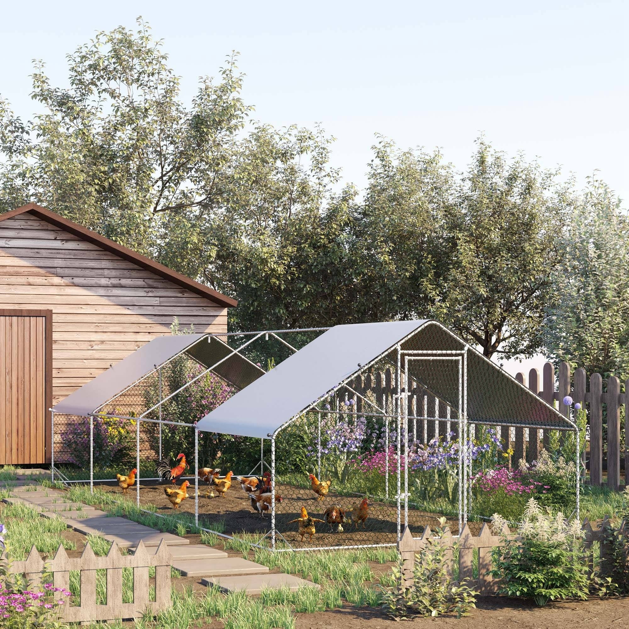 PawHut Large Chicken Coop Metal Chicken Run with Waterproof and Anti-UV Cover, Spire Shaped Walk in Fence Cage Hen House for Outdoor and Yard Farm Use, 1" Tube Diameter, 9.8' x 26.2' x 6.6'