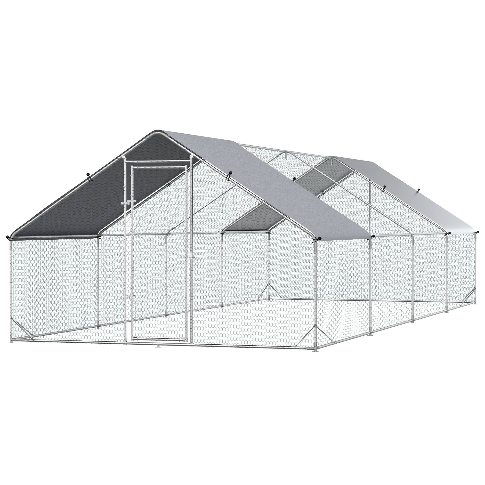 PawHut Large Chicken Coop Metal Chicken Run with Waterproof and Anti-UV Cover, Spire Shaped Walk in Fence Cage Hen House for Outdoor and Yard Farm Use, 1" Tube Diameter, 9.8' x 26.2' x 6.6'