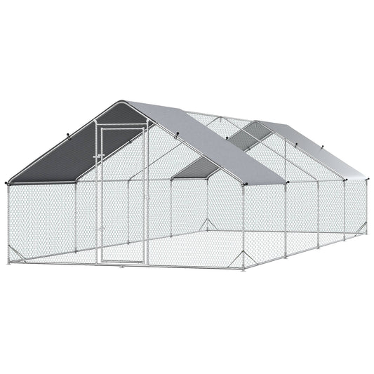 PawHut Large Chicken Coop Metal Chicken Run with Waterproof and Anti-UV Cover, Spire Shaped Walk in Fence Cage Hen House for Outdoor and Yard Farm Use, 1" Tube Diameter, 9.8' x 26.2' x 6.6'
