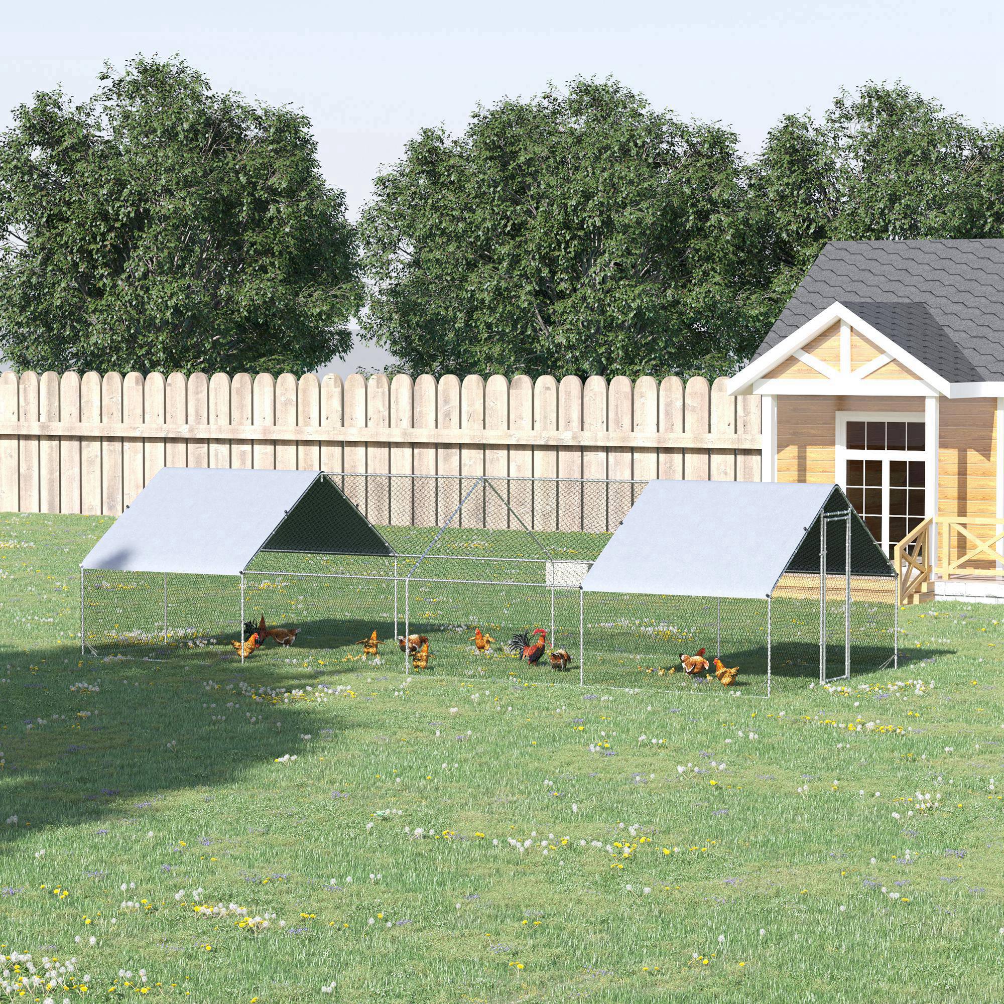 PawHut Large Chicken Coop Metal Chicken Run with Waterproof and Anti-UV Cover, Spire Shaped Walk in Fence Cage Hen House for Outdoor and Yard Farm Use, 1" Tube Diameter, 9.8' x 26.2' x 6.6'