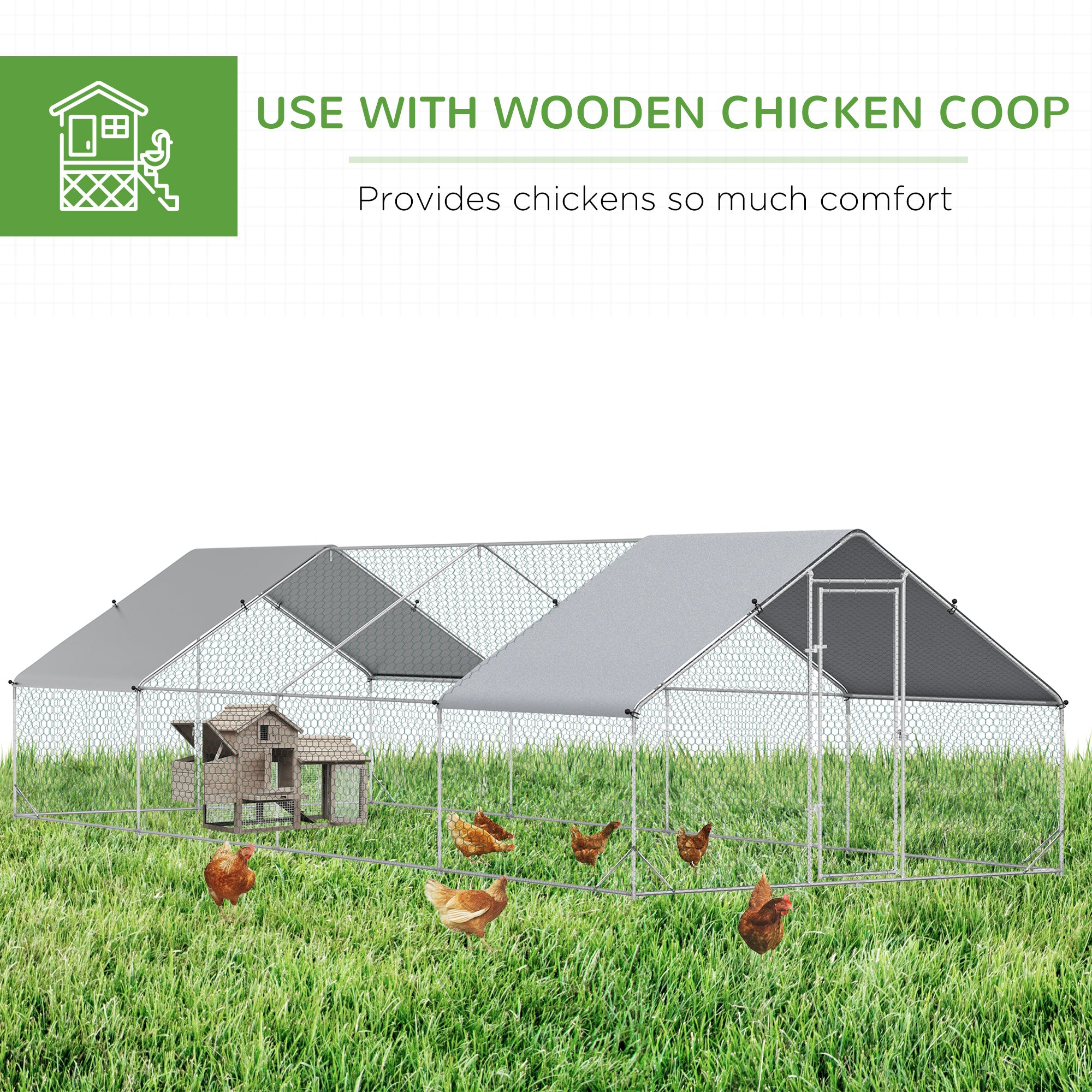 PawHut Large Chicken Coop Metal Chicken Run with Waterproof and Anti-UV Cover, Spire Shaped Walk in Fence Cage Hen House for Outdoor and Yard Farm Use, 1" Tube Diameter, 9.8' x 26.2' x 6.6'
