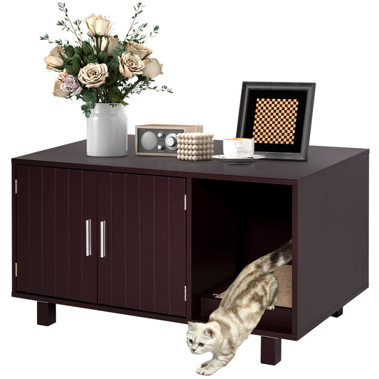 Cat Litter Box Enclosure, Hidden Litter Box Furniture, Cat House End Table Washroom with Scratching Pad, for Indoor Cats Kittens, Brown