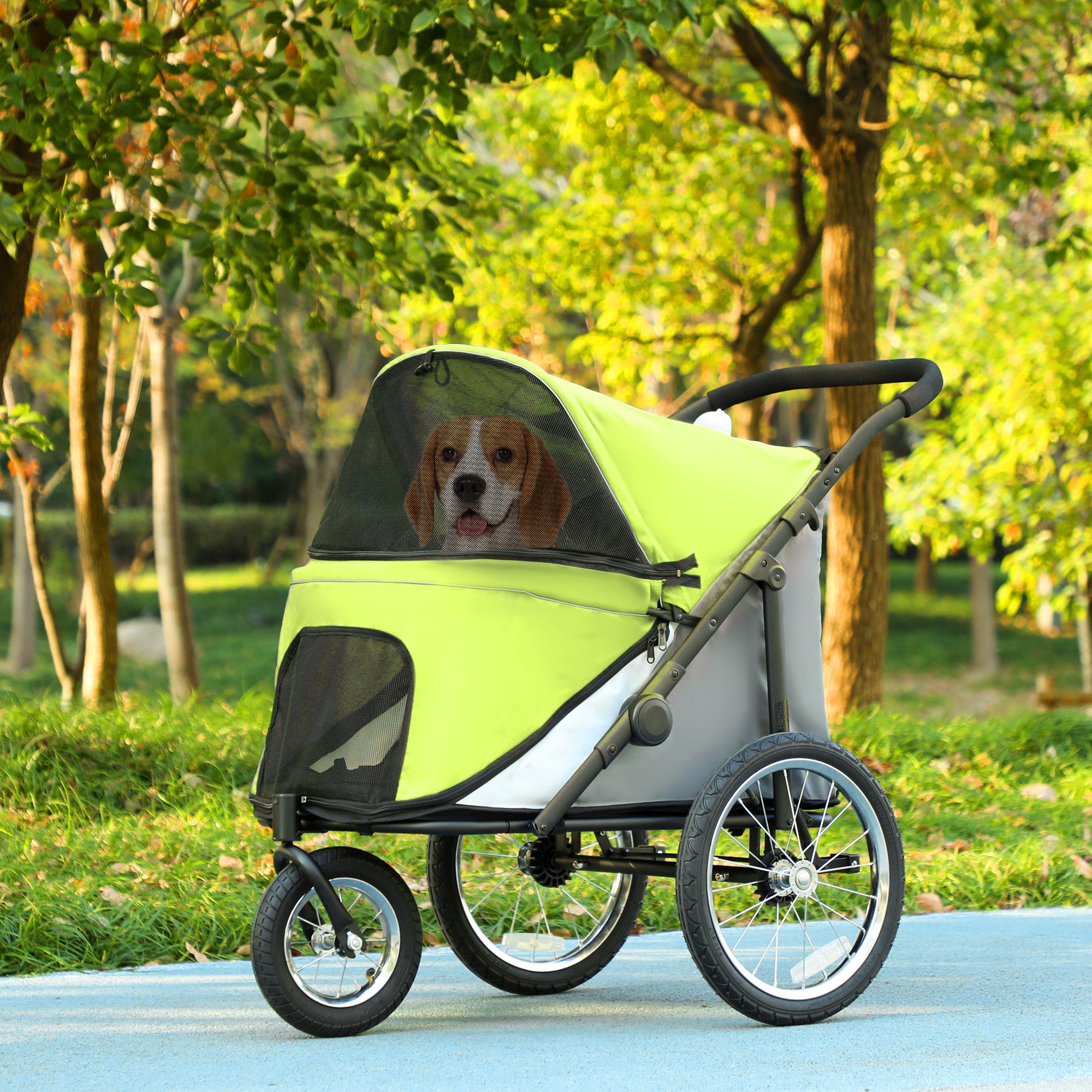 PawHut Dog Stroller, Pet Stroller 3 Wheels with Easy One-Hand Fold, Rubber Wheels, Storage Bag, Soft Cushion, Safety Leash, for Small & Medium Dogs, Yellowish Green