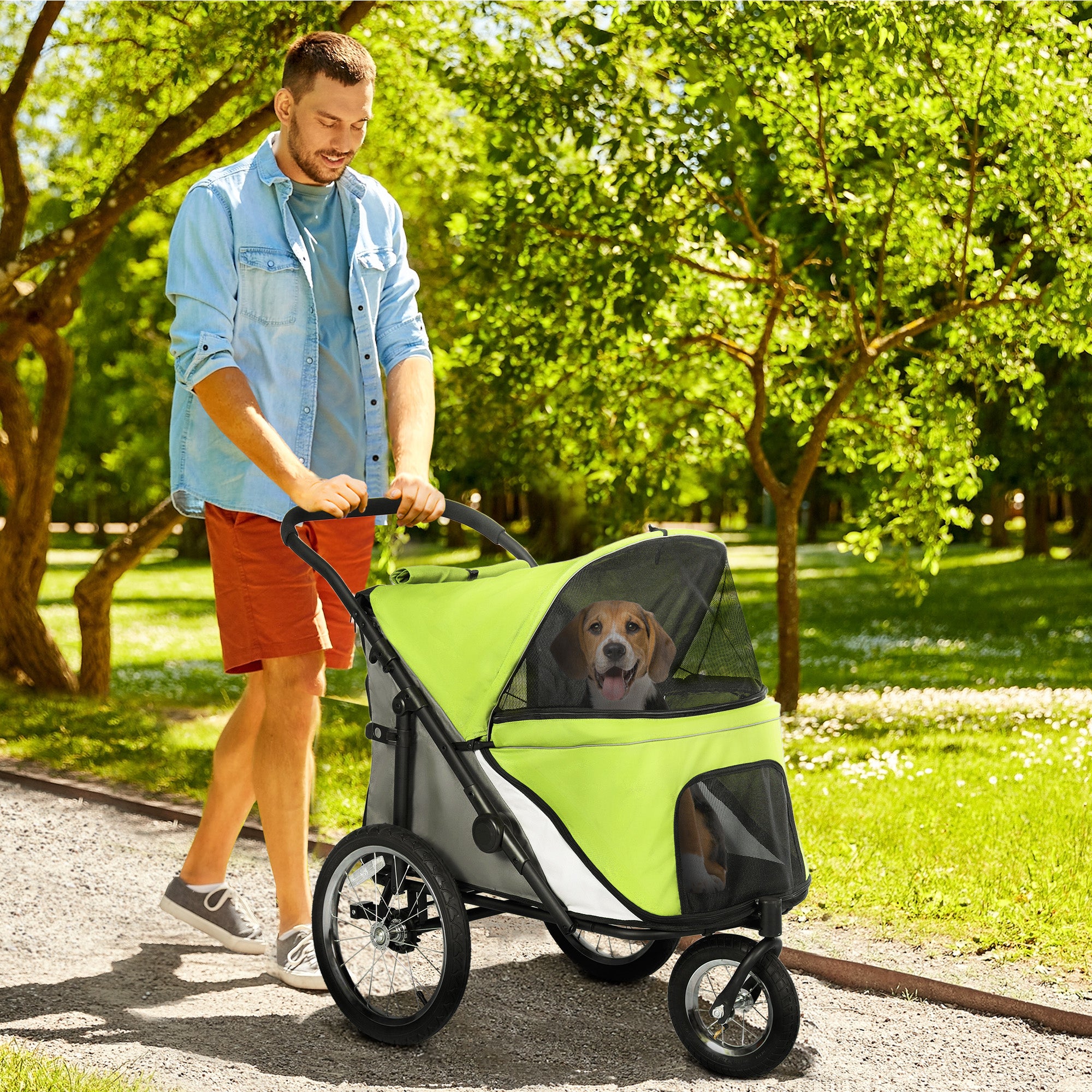 PawHut Dog Stroller, Pet Stroller 3 Wheels with Easy One-Hand Fold, Rubber Wheels, Storage Bag, Soft Cushion, Safety Leash, for Small & Medium Dogs, Yellowish Green