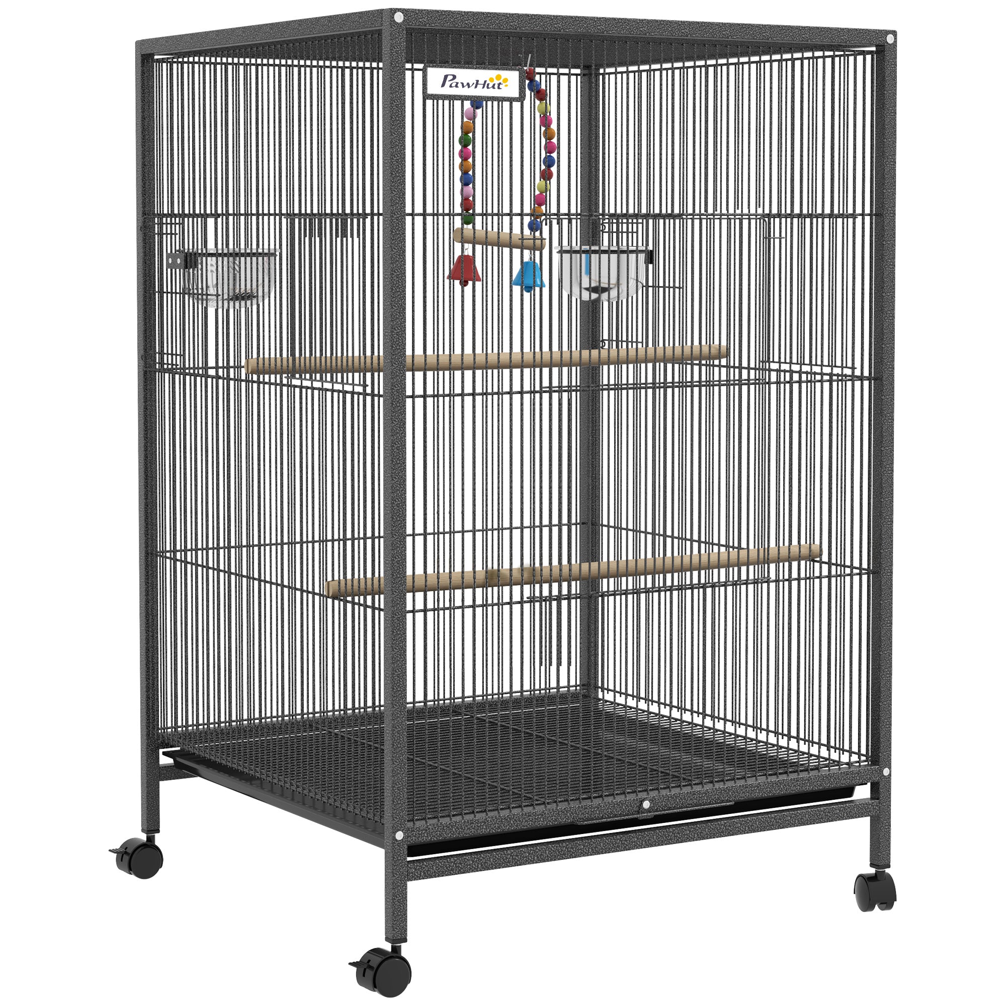 29" Bird Cage for Parrots Lovebirds Budgies Finches, Flight Cage with 5 Doors, Swing, Stainless Steel Bowls, Removable Tray, Wheel, Grey