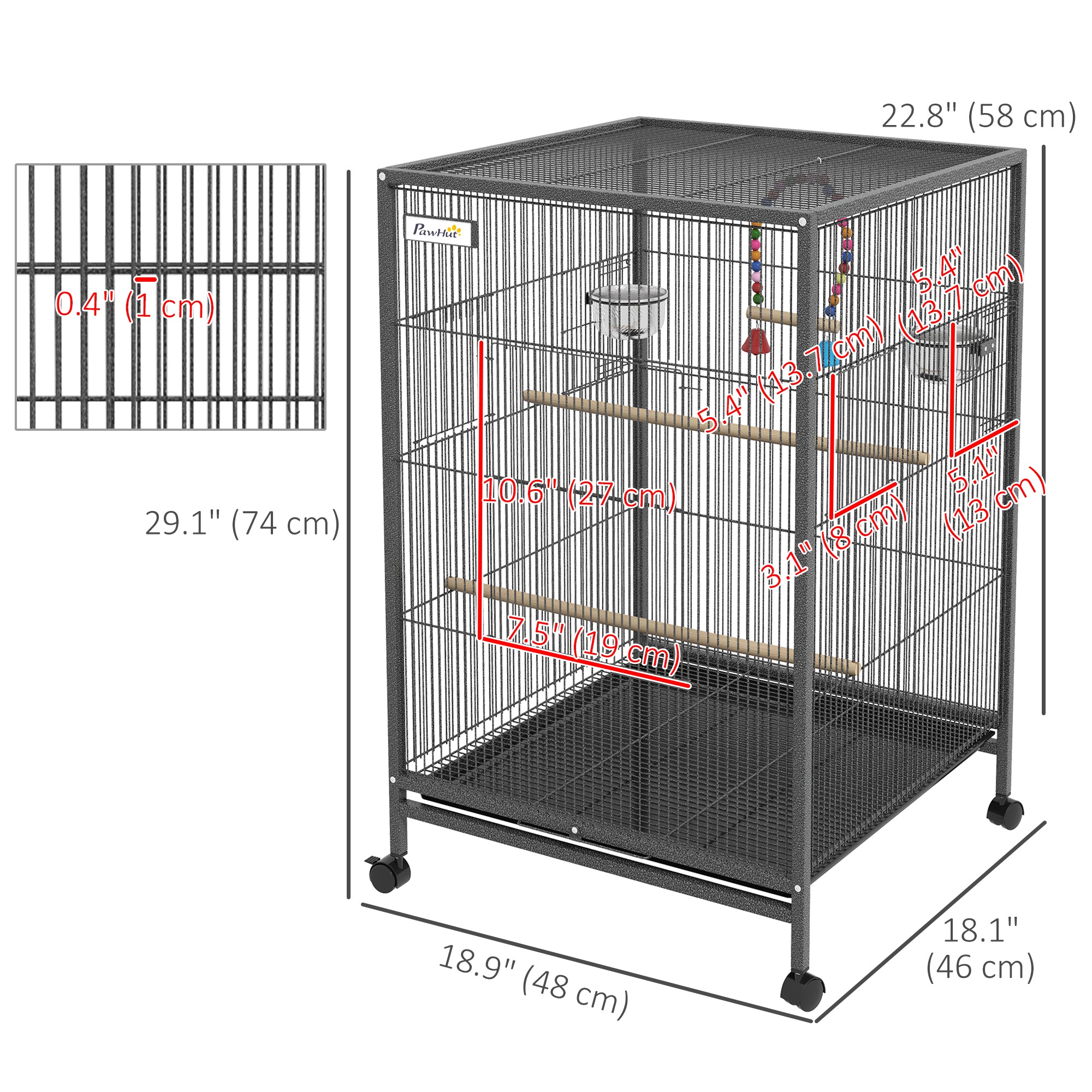 29" Bird Cage for Parrots Lovebirds Budgies Finches, Flight Cage with 5 Doors, Swing, Stainless Steel Bowls, Removable Tray, Wheel, Grey
