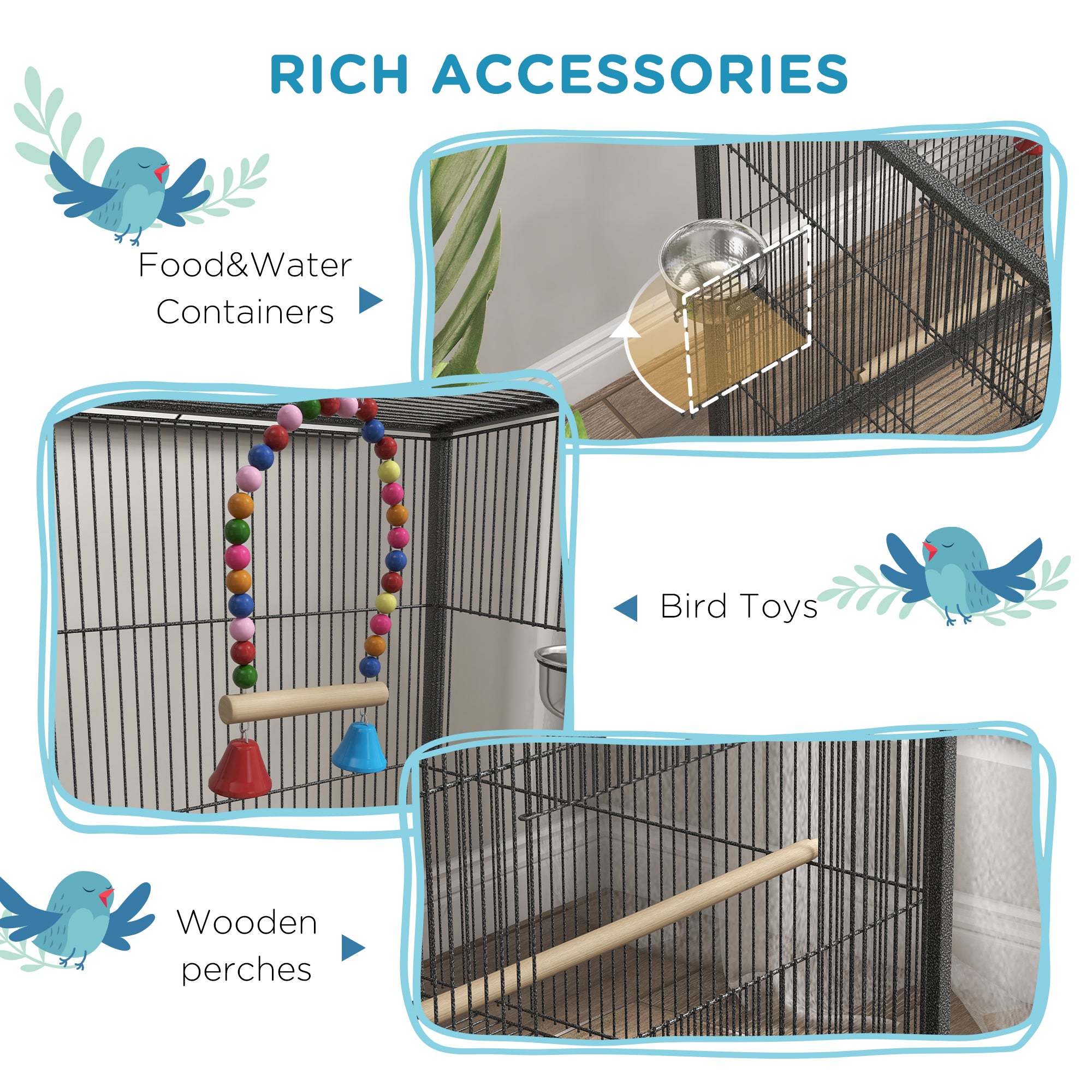 29" Bird Cage for Parrots Lovebirds Budgies Finches, Flight Cage with 5 Doors, Swing, Stainless Steel Bowls, Removable Tray, Wheel, Grey