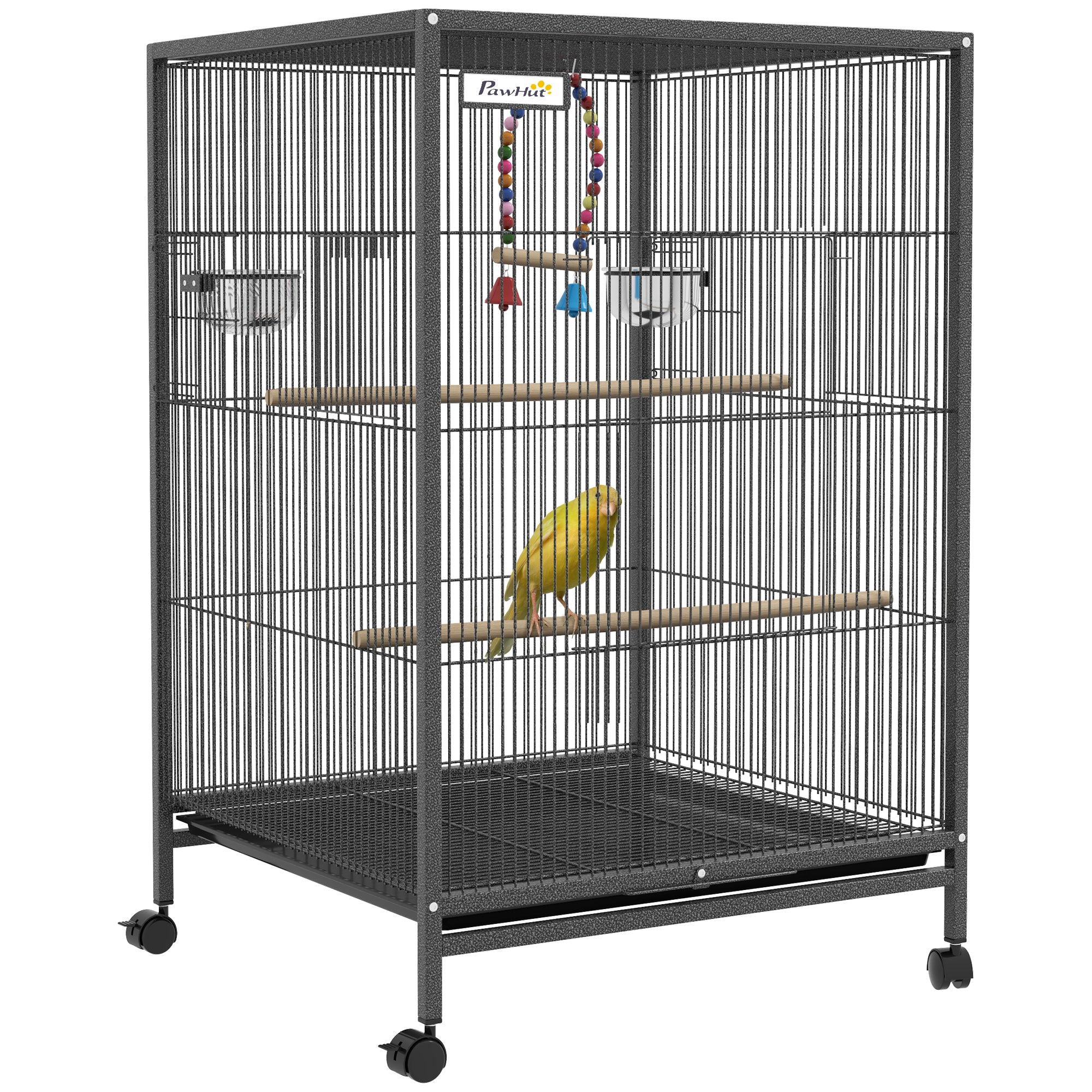 29" Bird Cage for Parrots Lovebirds Budgies Finches, Flight Cage with 5 Doors, Swing, Stainless Steel Bowls, Removable Tray, Wheel, Grey
