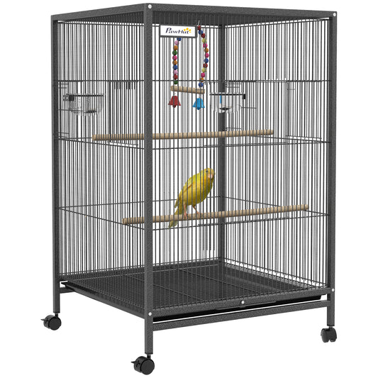 29" Bird Cage for Parrots Lovebirds Budgies Finches, Flight Cage with 5 Doors, Swing, Stainless Steel Bowls, Removable Tray, Wheel, Grey