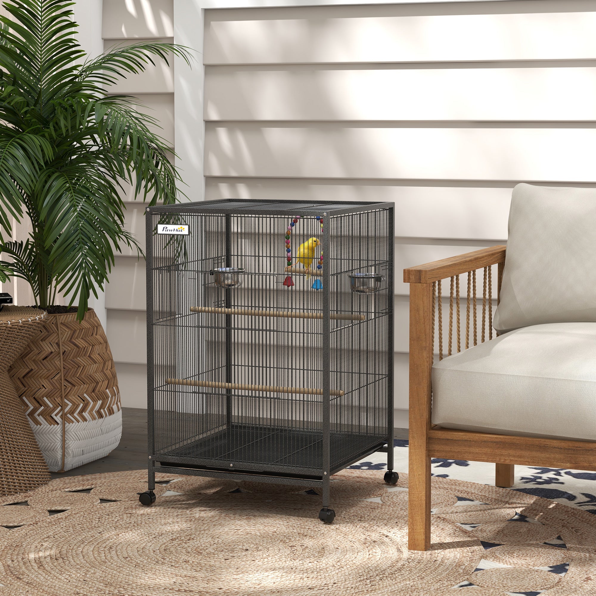 29" Bird Cage for Parrots Lovebirds Budgies Finches, Flight Cage with 5 Doors, Swing, Stainless Steel Bowls, Removable Tray, Wheel, Grey
