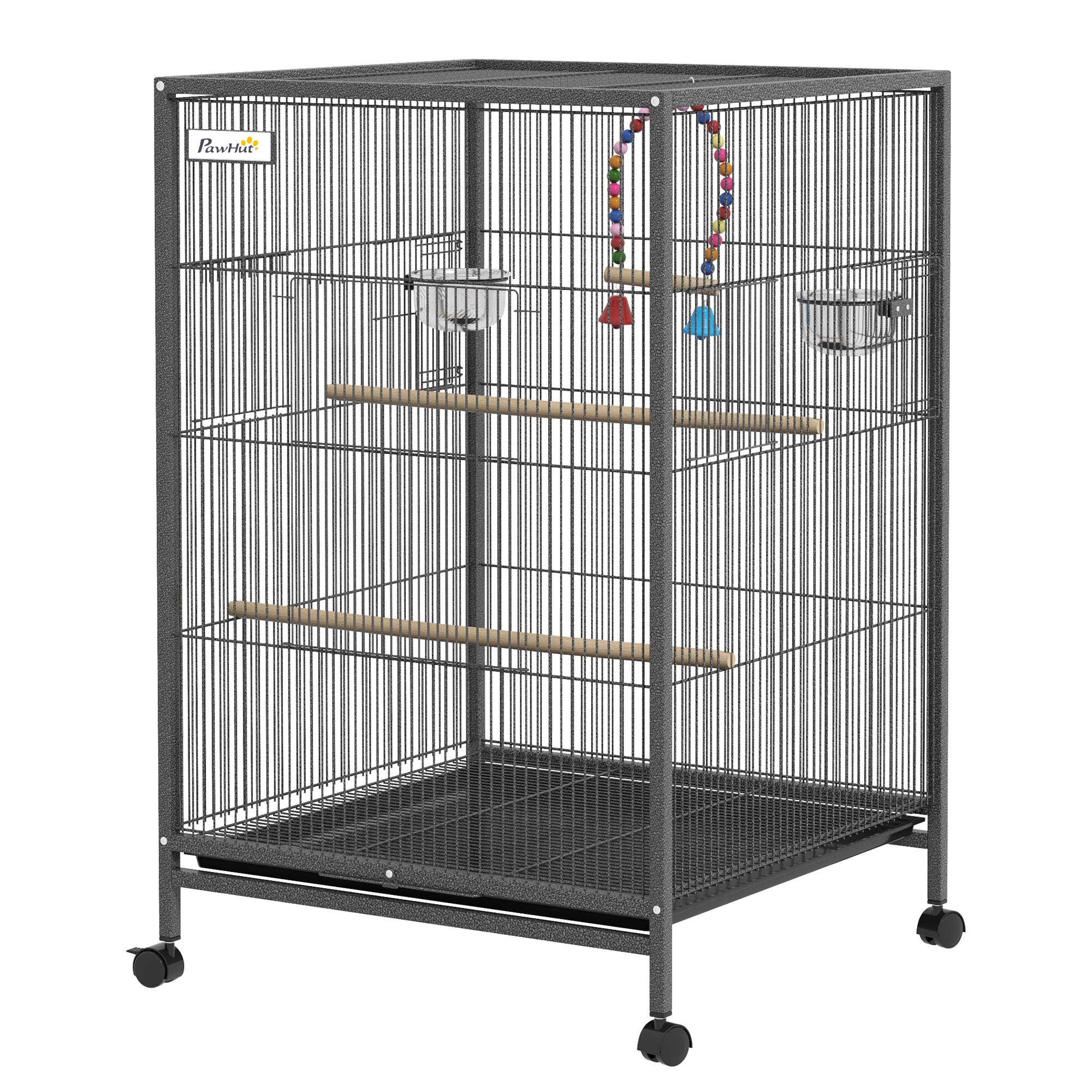 29" Bird Cage for Parrots Lovebirds Budgies Finches, Flight Cage with 5 Doors, Swing, Stainless Steel Bowls, Removable Tray, Wheel, Grey
