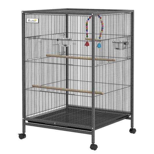 29" Bird Cage for Parrots Lovebirds Budgies Finches, Flight Cage with 5 Doors, Swing, Stainless Steel Bowls, Removable Tray, Wheel, Grey