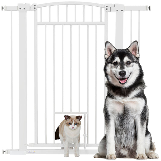 PawHut Pet Gate Indoor with Cat Door, 30"-41" Dog Gate, Extra Wide Walk Through Puppy Gate, 3-Inch and 5.5-Inch Extension Kits, Pressure or Hardware Mounted for Stairway, Doorway, Hallway, 42" High