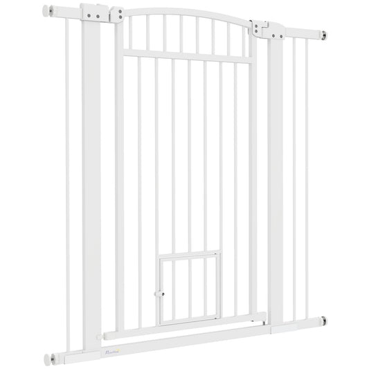 PawHut Pet Gate Indoor with Cat Door, 30"-41" Dog Gate, Extra Wide Walk Through Puppy Gate, 3-Inch and 5.5-Inch Extension Kits, Pressure or Hardware Mounted for Stairway, Doorway, Hallway, 42" High