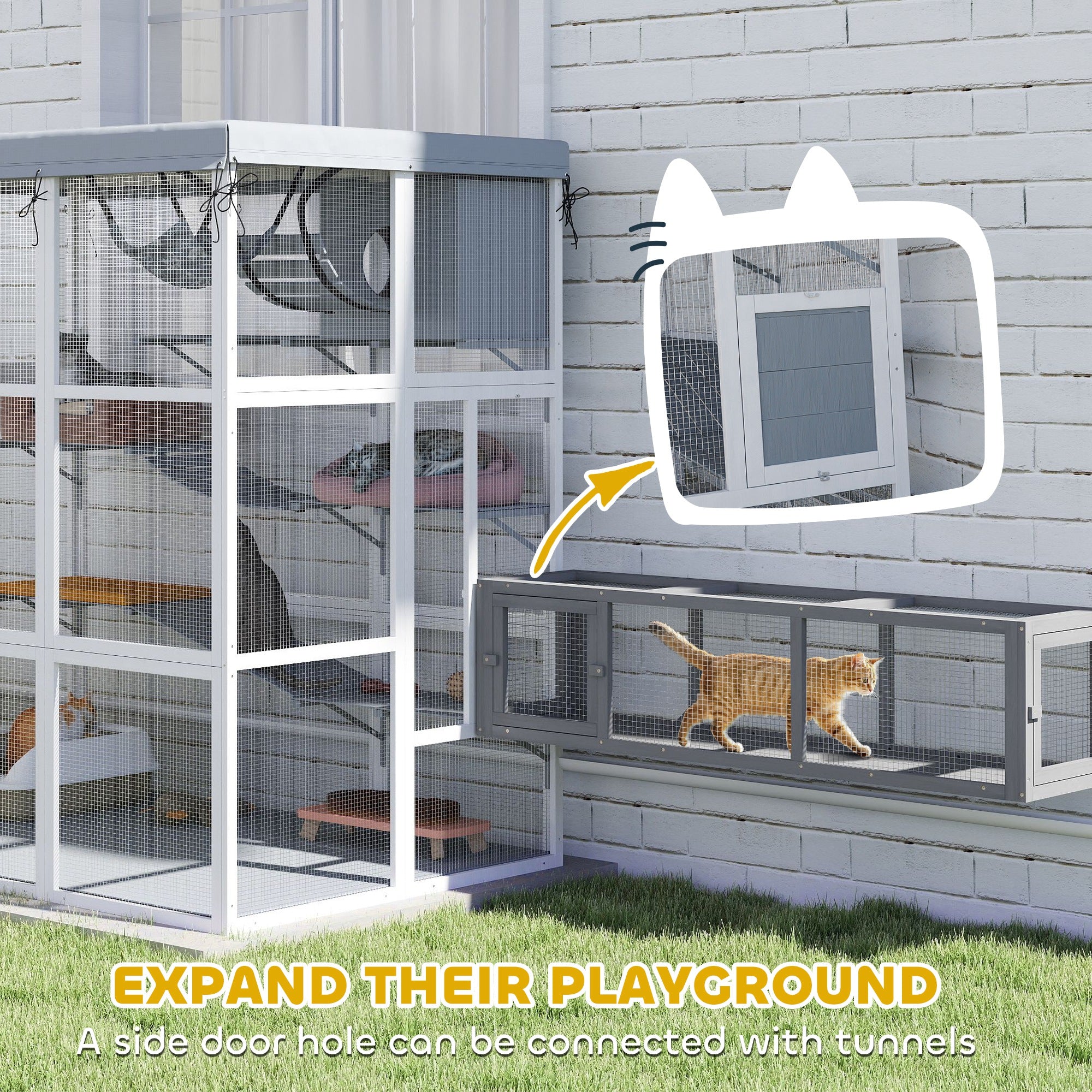 PawHut Catio Outdoor Cat Enclosure, Large Luxury Cat House Outside with Hammock, Condo, Jump Platforms, Ladders, Ramps, Tarp, Walk in Cat Cage for 2-4 Large Cats, 71"