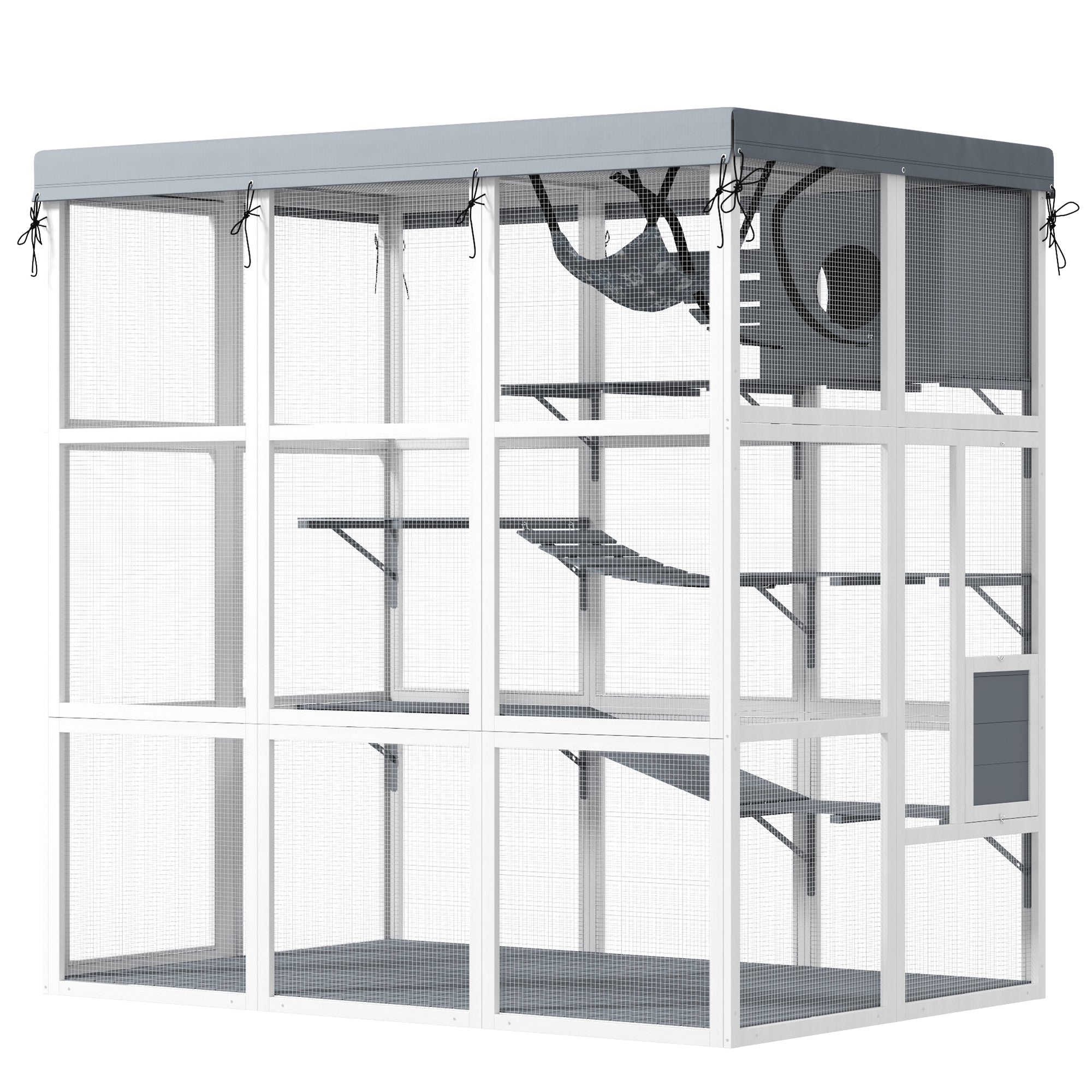 PawHut Catio Outdoor Cat Enclosure, Large Luxury Cat House Outside with Hammock, Condo, Jump Platforms, Ladders, Ramps, Tarp, Walk in Cat Cage for 2-4 Large Cats, 71"