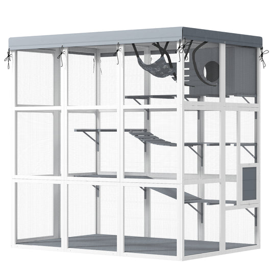 PawHut Catio Outdoor Cat Enclosure, Large Luxury Cat House Outside with Hammock, Condo, Jump Platforms, Ladders, Ramps, Tarp, Walk in Cat Cage for 2-4 Large Cats, 71"