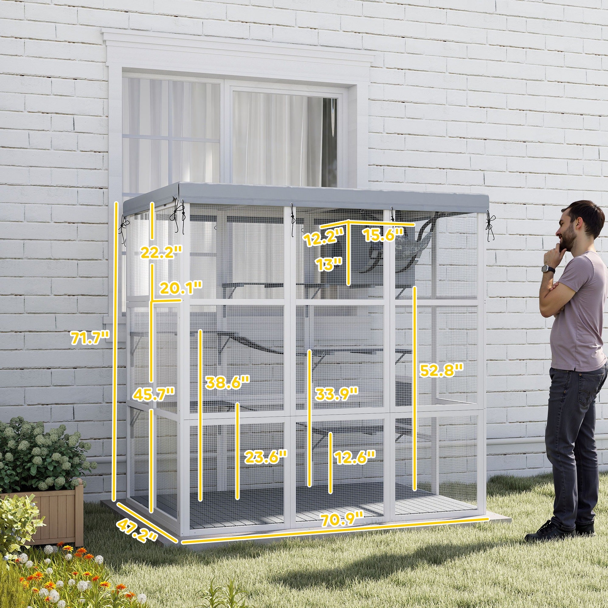 PawHut Catio Outdoor Cat Enclosure, Large Luxury Cat House Outside with Hammock, Condo, Jump Platforms, Ladders, Ramps, Tarp, Walk in Cat Cage for 2-4 Large Cats, 71"