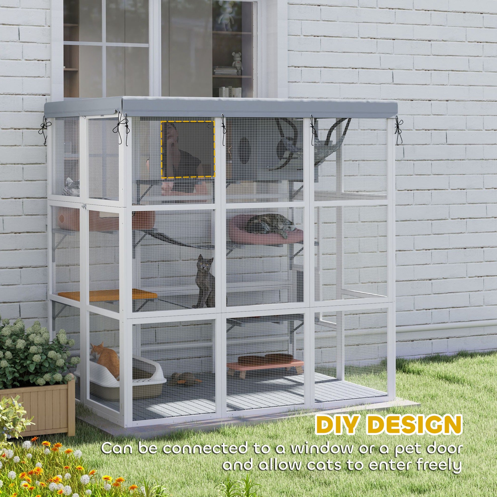 PawHut Catio Outdoor Cat Enclosure, Large Luxury Cat House Outside with Hammock, Condo, Jump Platforms, Ladders, Ramps, Tarp, Walk in Cat Cage for 2-4 Large Cats, 71"