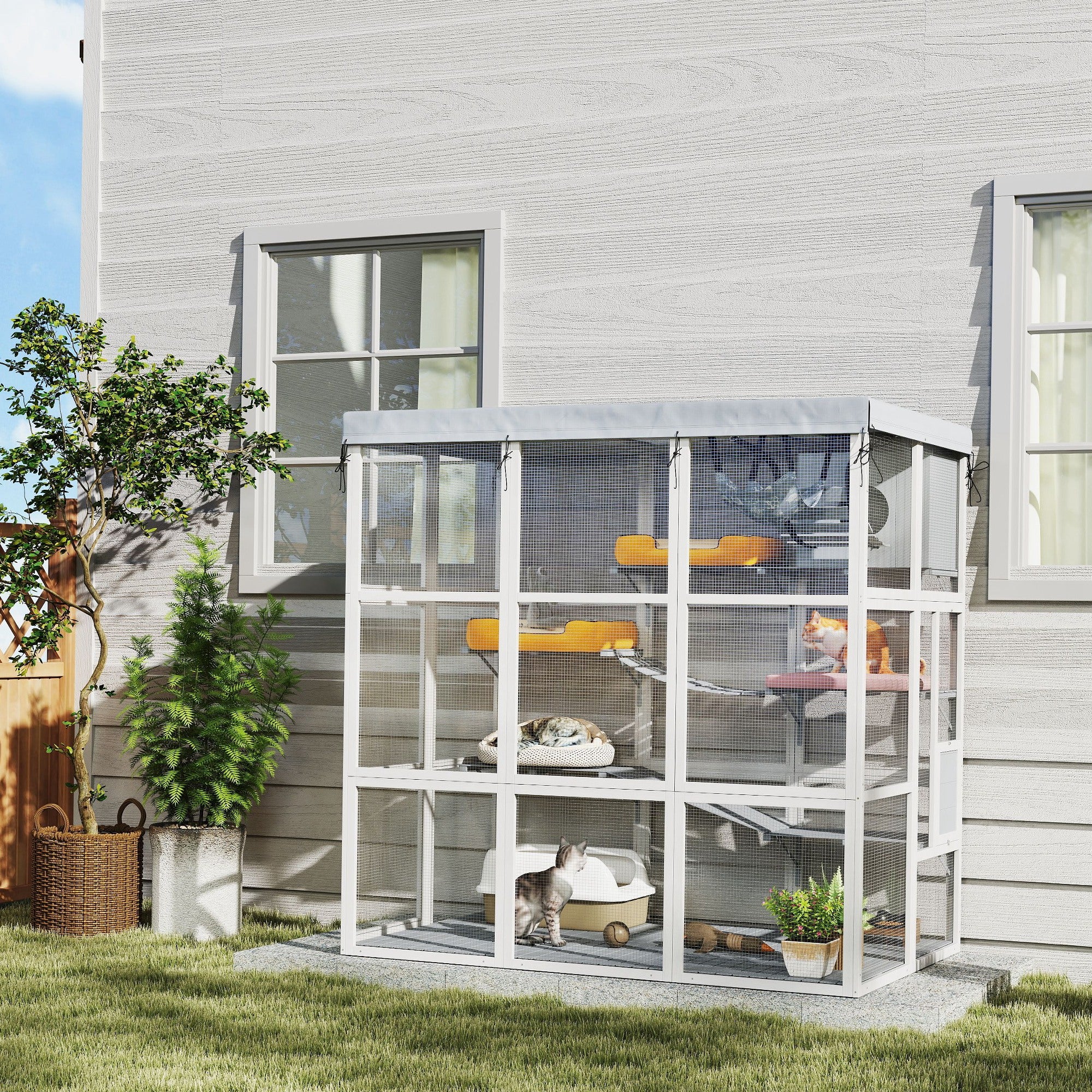 PawHut Catio Outdoor Cat Enclosure, Large Luxury Cat House Outside with Hammock, Condo, Jump Platforms, Ladders, Ramps, Tarp, Walk in Cat Cage for 2-4 Large Cats, 71"