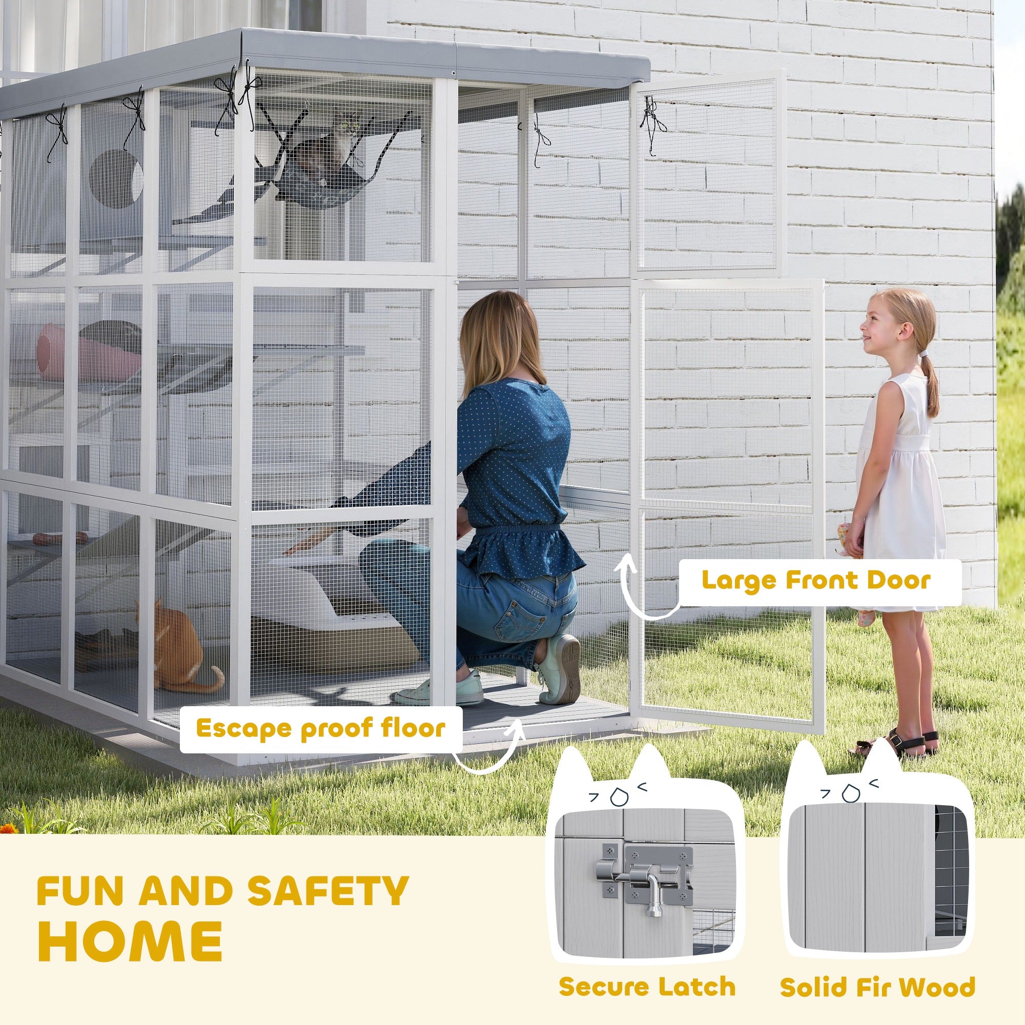 PawHut Catio Outdoor Cat Enclosure, Large Luxury Cat House Outside with Hammock, Condo, Jump Platforms, Ladders, Ramps, Tarp, Walk in Cat Cage for 2-4 Large Cats, 71"