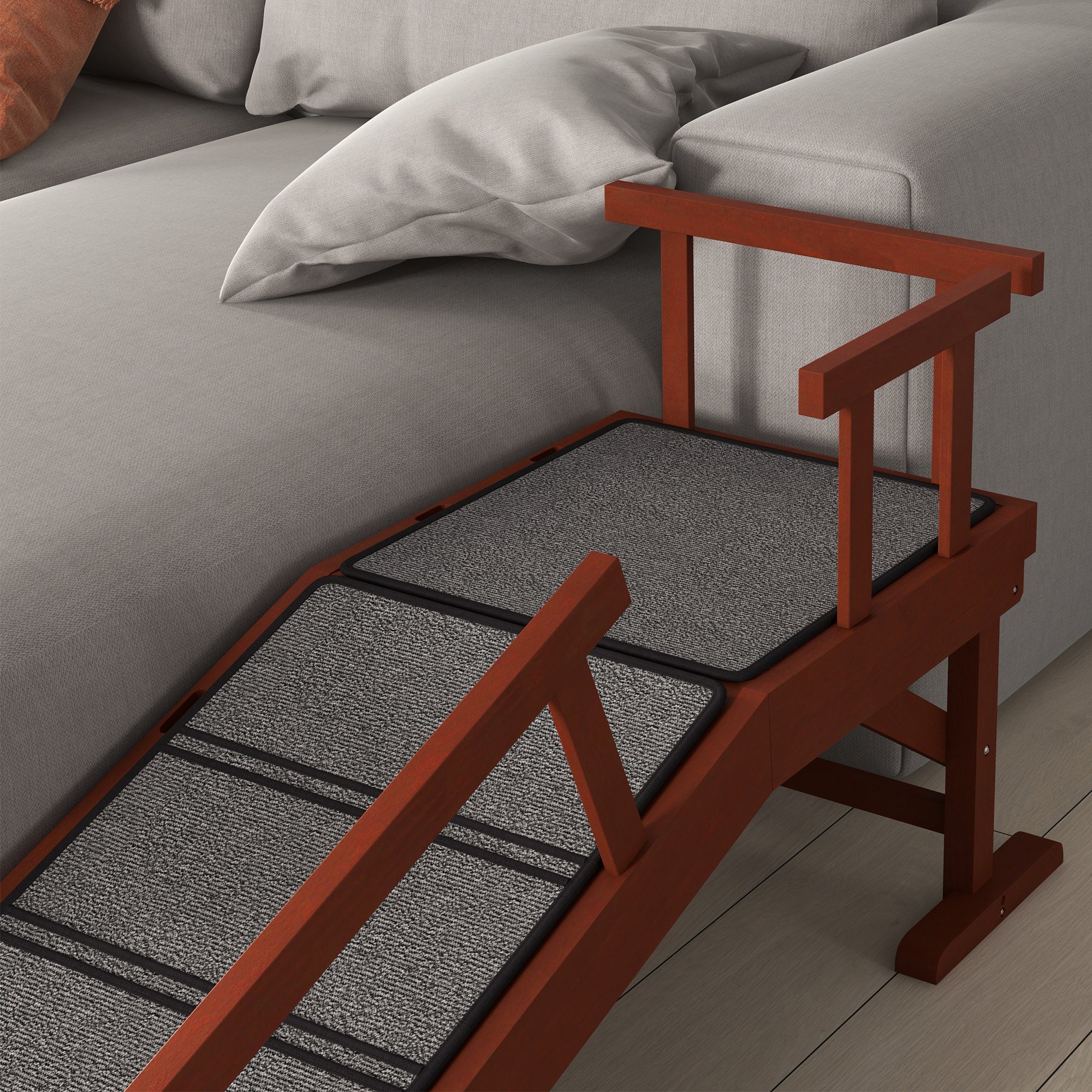 PawHut Dog Ramp, Dog Stairs for Small, Medium & Large Dogs, Pet Ramp for Bed or Couch with Removable Guardrails, Non-Slip Surface, 49" Long, Brown